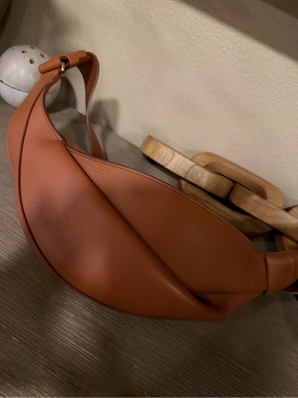 Polene Leather Crescent Crossbody Bag in Caramel Brown